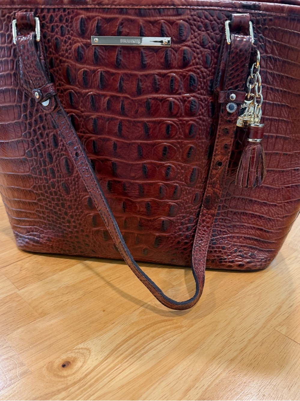 Brahmin Croc-Embossed Leather Tote in Deep Burgundy
